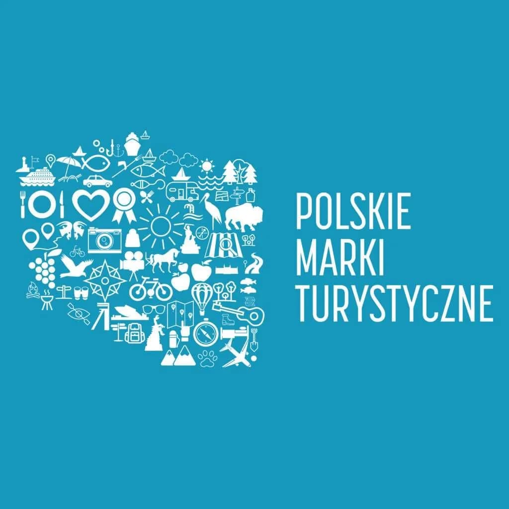 A compilation of white travel and leisure icons representing Polish tourism, including a camera, sun, maps, animals, and notable landmarks, set against a teal background with the text 'POLSKIE MARKI TURYSTYCZNE'.
